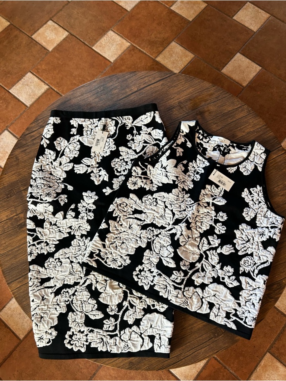 Milly Black & White Floral Jacquard Skirt Set